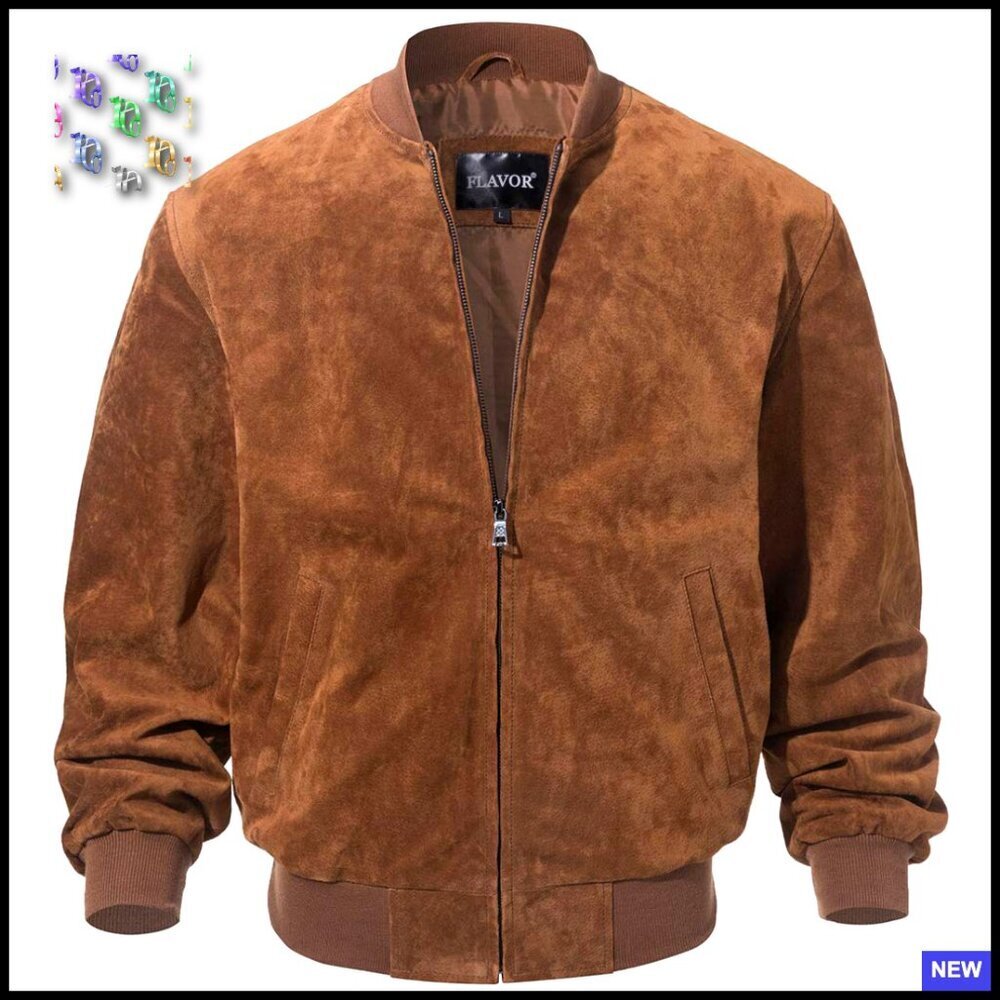 Vintage Suede Leather Baseball Jacket Classic Retro Aviator Style Regular Fit
